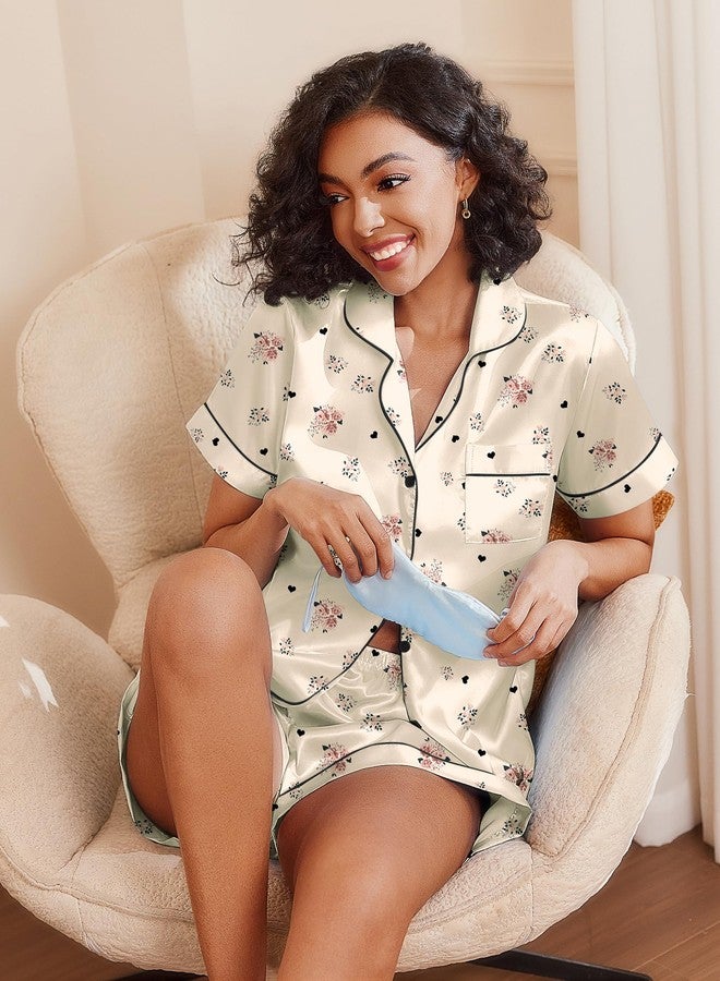 Ekouaer Women's Silk Satin Pajama Set Short Sleeve Pjs Shorts Set Comfy Button Down 2 Piece Sleepwear Loungewear,Champagne Floral,L - Image 3